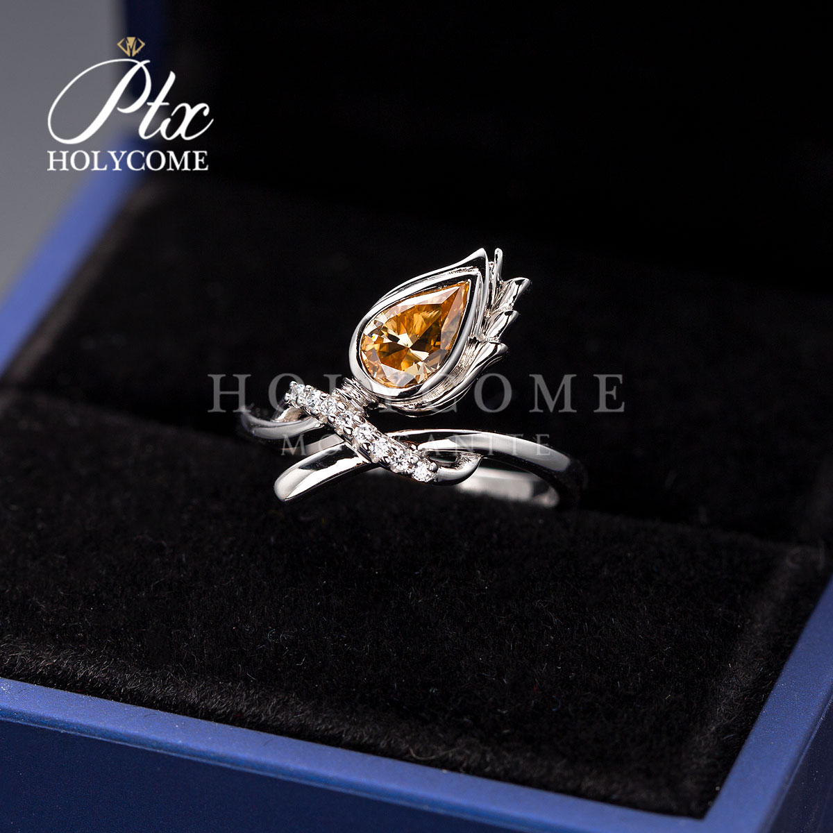 New Arrival Sterling Silver 925 Premium Jewelry Fashion Blossom Bow Ring with Champagne Color Flower Design Moissanite Diamond Ring for Women