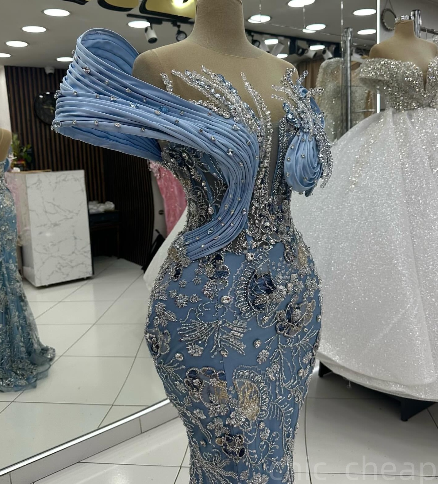 Sky Blue Mermaid Prom Dresses 2025 Rhinestones Floral Sequined Lace Evening Formal Party Second Birthday Engagement Gowns Plus Size Dress For Special 