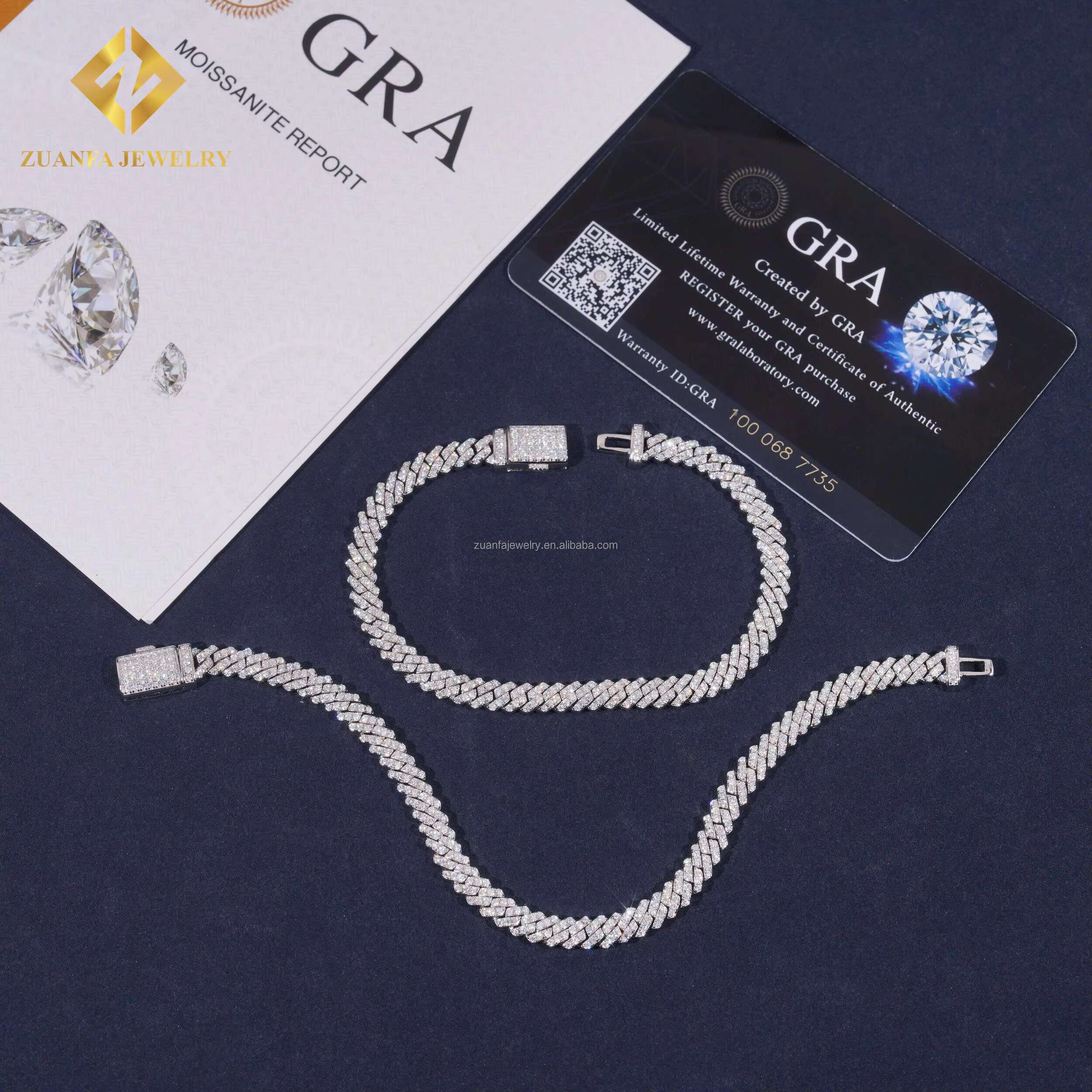 Hot Sale 5mm Width One Row Iced Out Jewelry GRA Certificates Pass Diamond Tester Moissanite Cuban Link Chain Bracelet Set