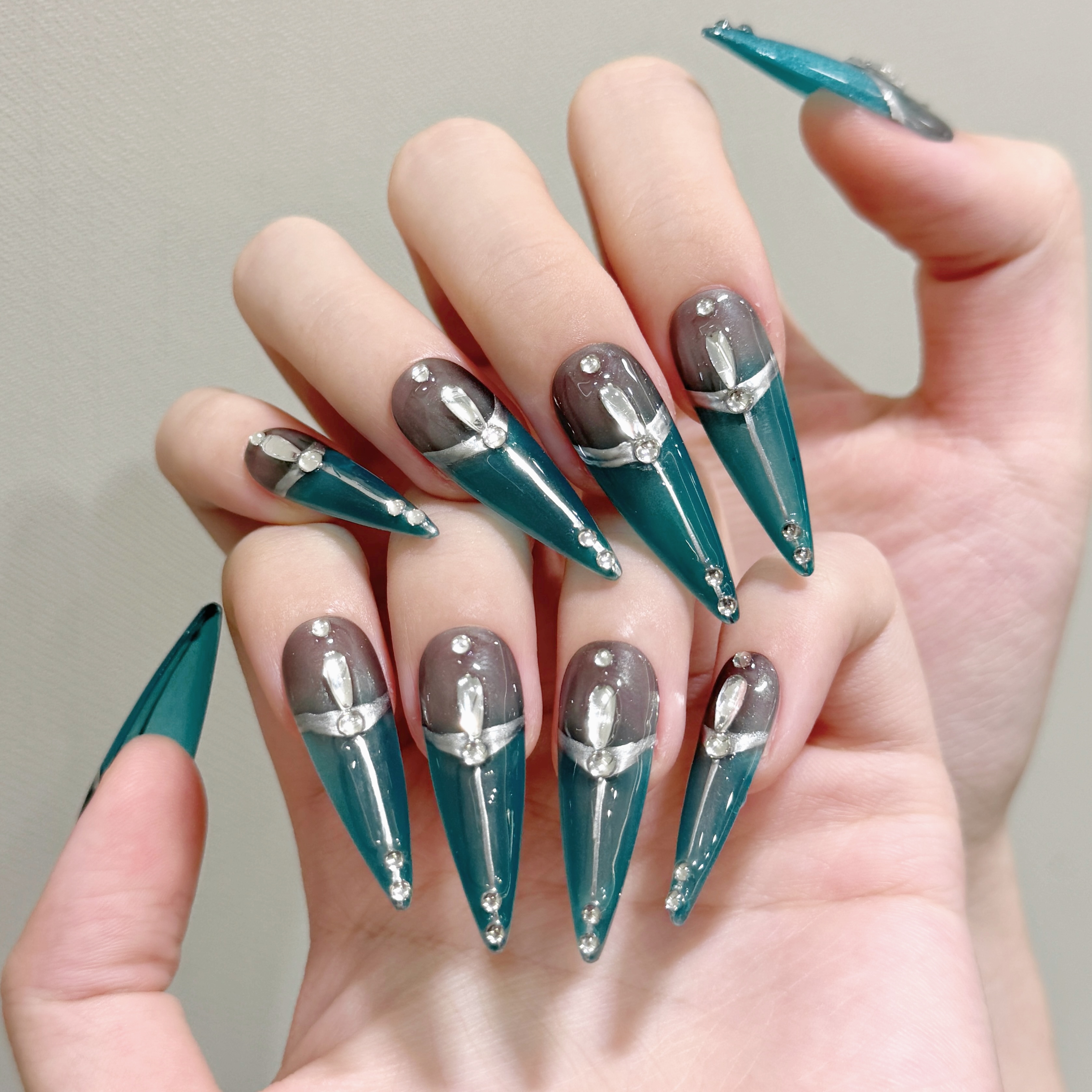 Cyberpunk-Inspired Turquoise & Olive Green Gradient Nails with Sparkling Rhinestones