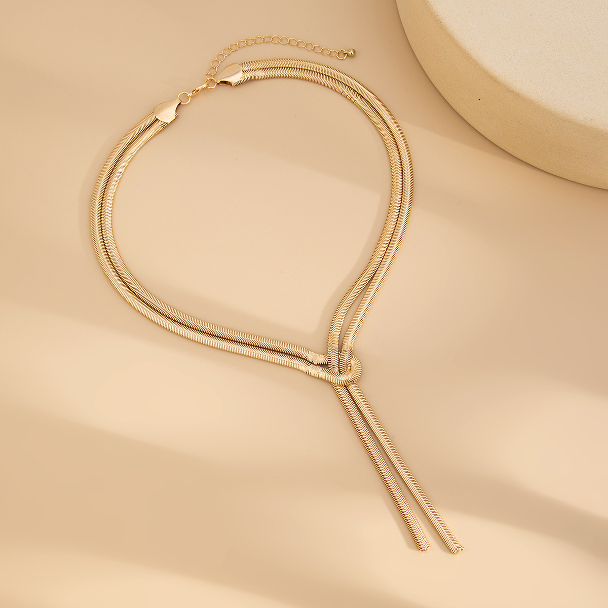 Minimalist Long Flat Snake Chain Cold Style Knotted Double Ring Geometric Irregular Necklace