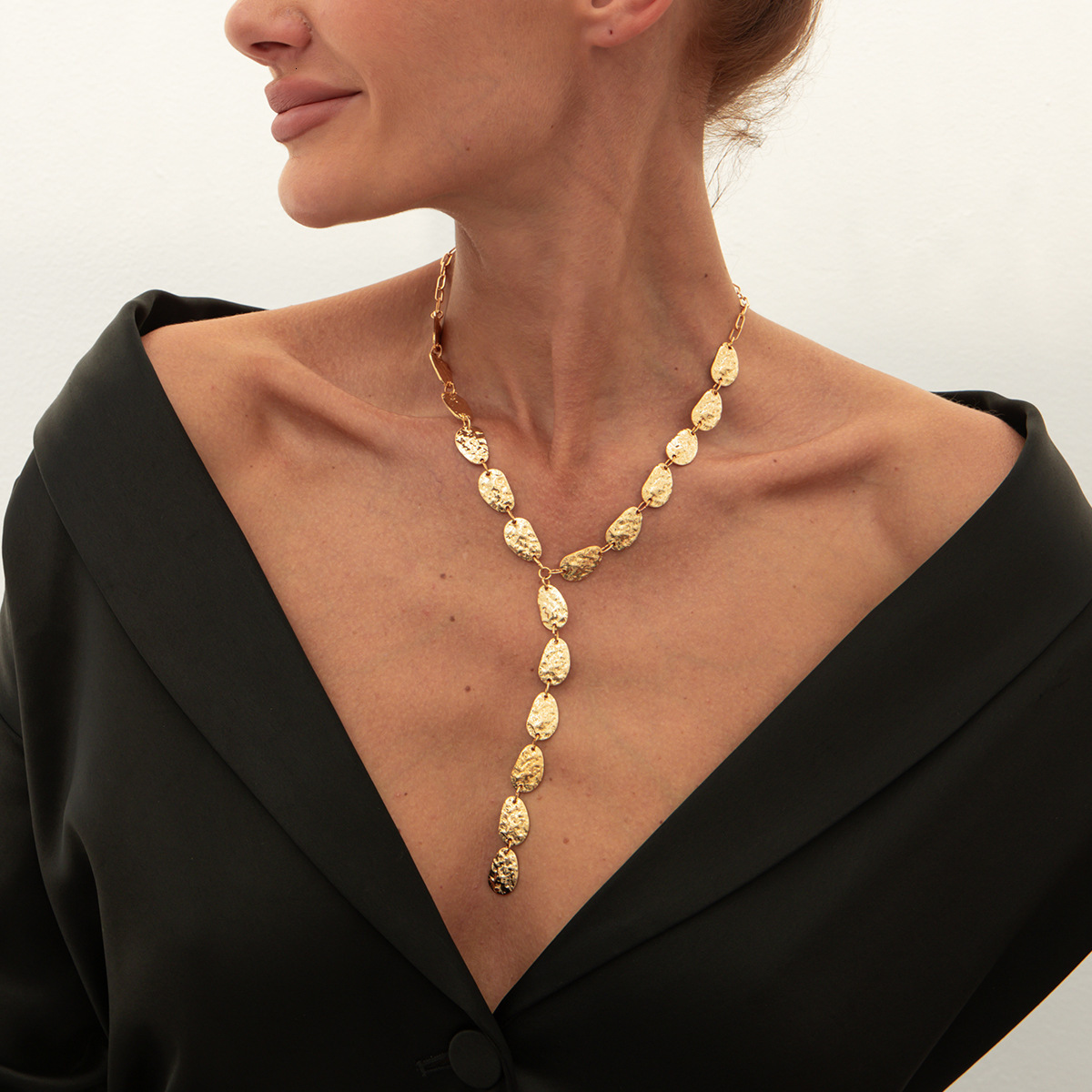 Unique Irregular Hammered Pattern Y-Shaped Necklace for Women, Elegant Long Minimalist Metal Jewelry