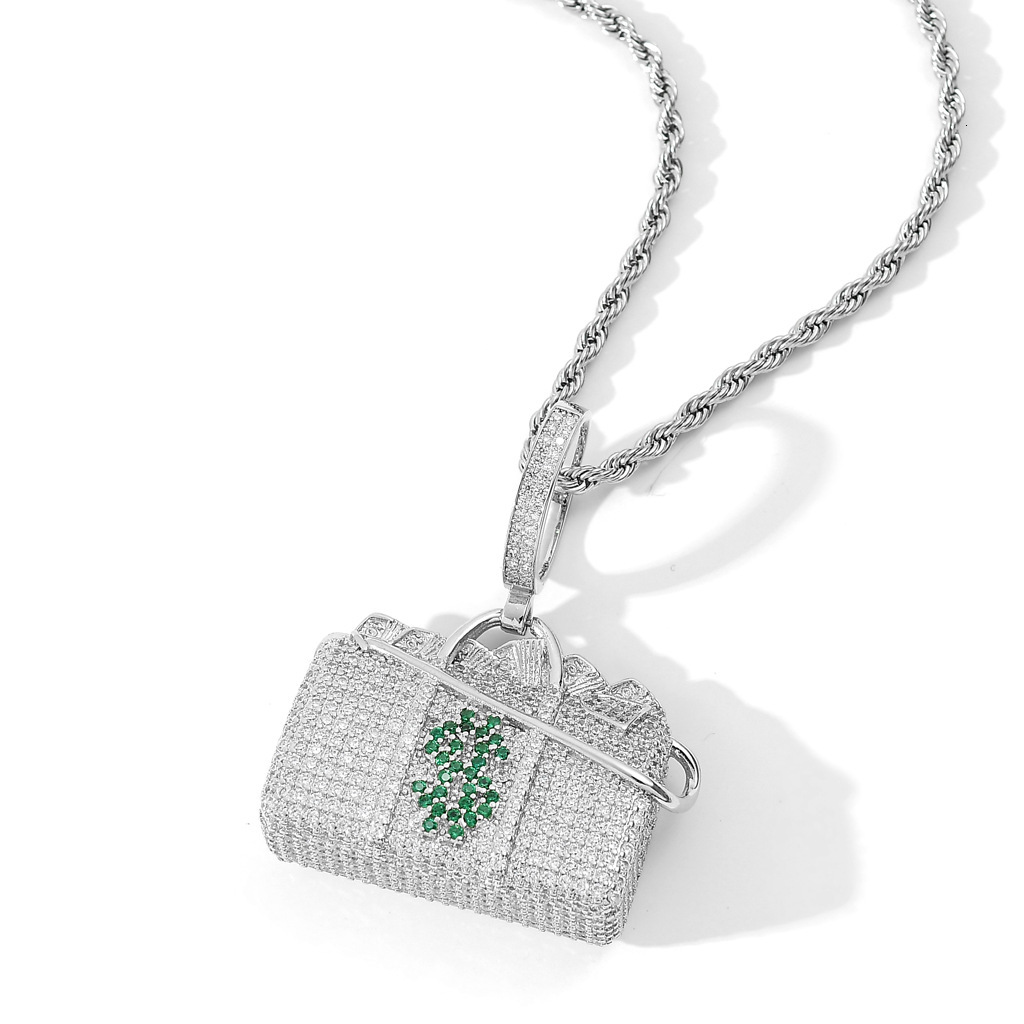 New Arrival Moissanite Necklace with Diamond encrusted Hip Hop Dollar Pouch Pendant, Trendy and Stylish Pass the diamond tester