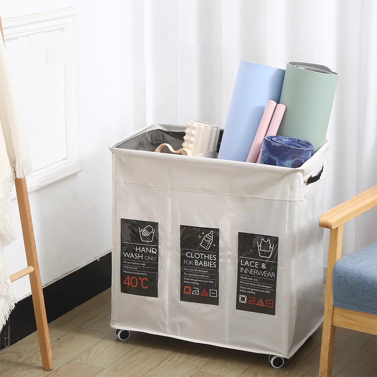 Large capacity foldable dirty clothes basket with wheels and multiple functions
