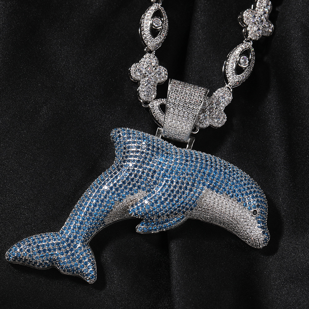 14K Gold Personalized Creative Large Blue Dolphin Pendant Necklace Ins Celebrity Hip Hop Cartoon 5A Cubic Zircon Trendy Cool Collar Hip Hop Rapper Jew