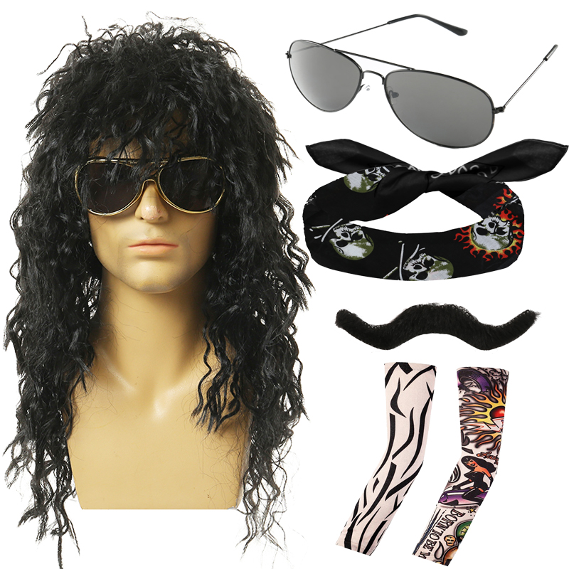 Punk Rock Heavy Metal Fashion Wigs Cool Glasses Bandanas Beards, Tattoo Sleeves, Long Curved Wigs for Holiday Shows Punk Gloves, Vintage Punk Themed E