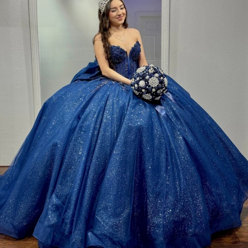 Navy Blue Shiny Quinceanera Dresses Ball Gown Applique Lace Beading Tull Bow Corset Sweet 16 Dress Vestidos De 15 Anos