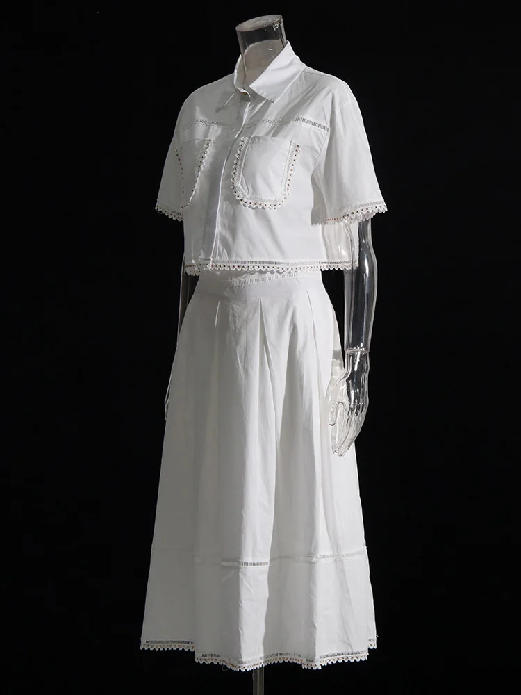 TWOTYLE Solid Two Piece Sets For Women Lapel Short Sleeve Tops High Waist A Line Skirt Slimming Female Fashion Style 250614