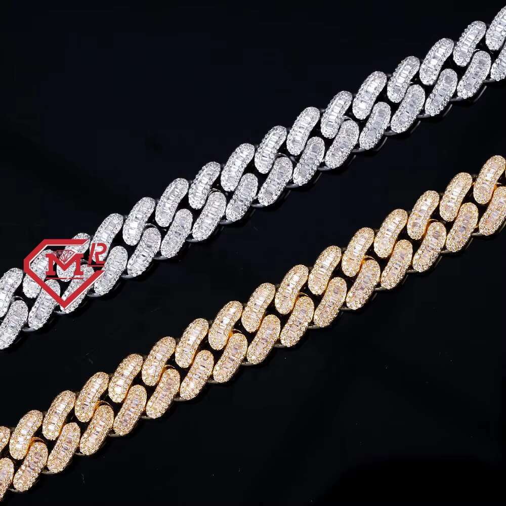 Iced Out 17mm Hiphop Cuban Link Chain 925 Silver VVS Baguette Diamond Moissanite Cuban Chain