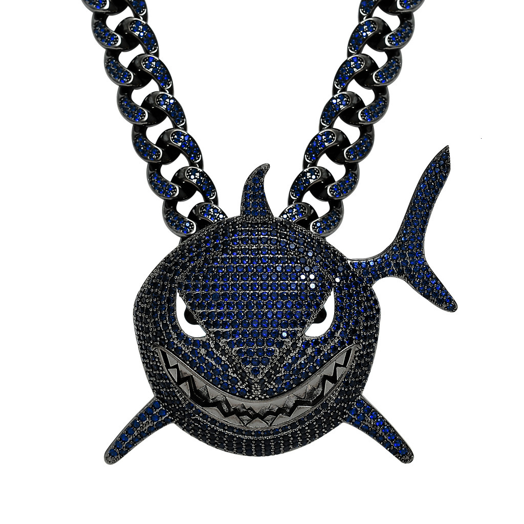 Luxury Moissanite Bling Iced Out Oversized Deep Blue Shark Pendant Diamond Studded Streetwear Hip Hop Fashion Accessory Pass the diamond tester