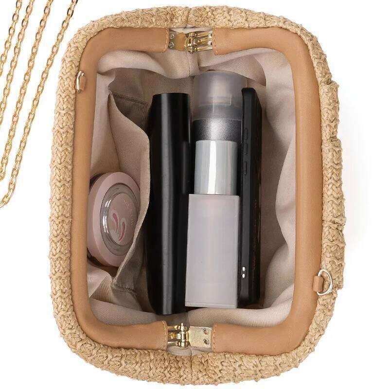 Casual Shell Straw Clutch Women Chains Shoulder Crossbody Bags Summer Beach Bag Small Phone Purses For Party 2024