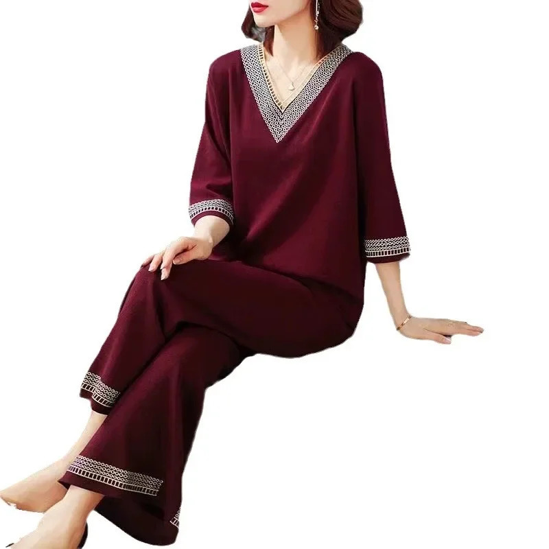 2024 Summer Plus Size Casual Elegant Womens Clothing Set LooseFit Slimming Bell Bottoms Fashionable 2Piece For MiddleAge 250614