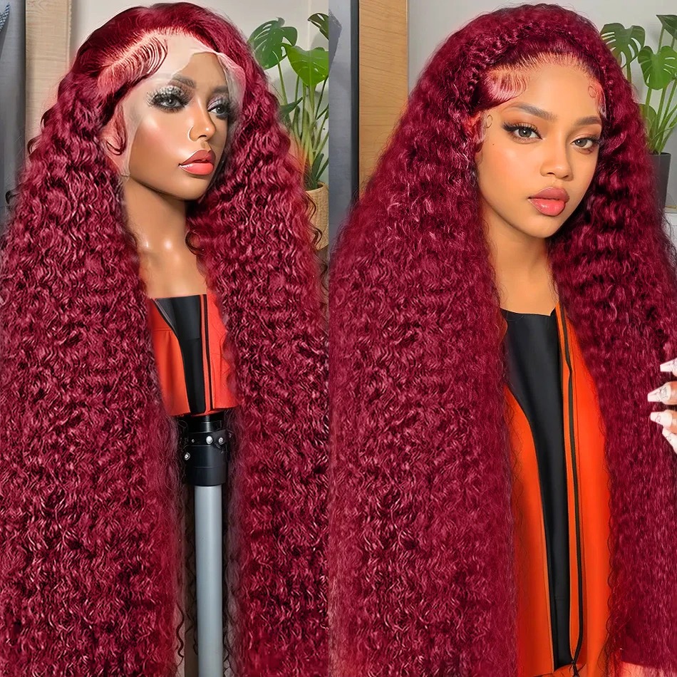 Burgundy Human Frontal HD Lace Wig 13x4 Human Hair 99J Curly Deep Wave Red Lace Front Human Hair Wigs For Women 250 Density Synthetic