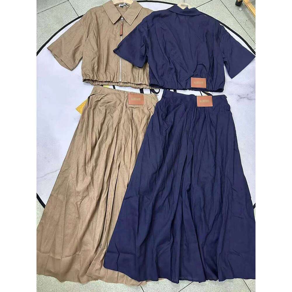 GALCAUR Cowboy Two Piece Sets For Women Lapel Short Sleeves Spliced Zipper Top High Waist Patchwork Folds Skirt Set Female Style