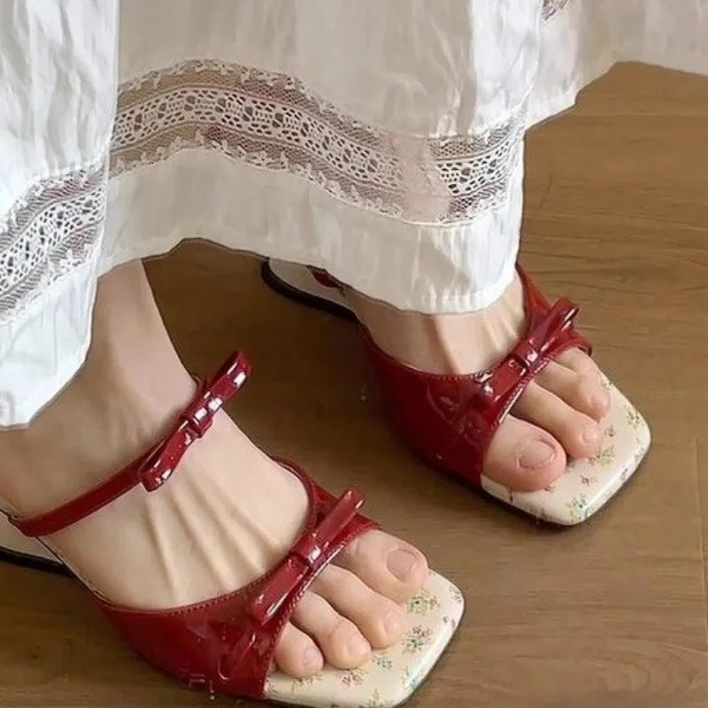 French Pink Bow Diamond Highheeled Slippers with Exposed Toes Sandals Shoes for Women Sandal 250624