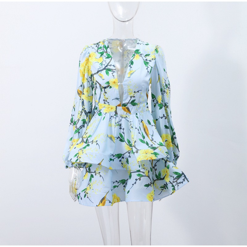 French Elegance V-Neck Printed Short Dress with Lantern Sleeves and Tiered Skirt