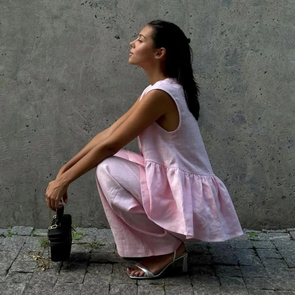 Women Loose Pink 2 Piece Sets V Neck Sleeveless Tank Top High Waist Wide Pants Suit Solid Elegant Casual Office Lady Outfits 250616