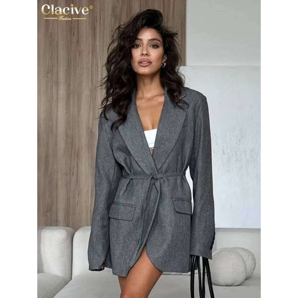 Clacive Fashion Loose Blue Office Women Blazer 2025 Elegant Lapel Long Sleeve Blazers Casual Classic Lace-Up Top Female Clothing