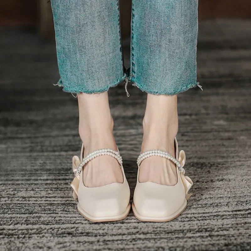Ladies Pumps with Medium Heels Womens Shoes Gothic Moccasins Bow Square Japanese Style Lolita Toe Mary Jane on Sale 39 Korean 250624