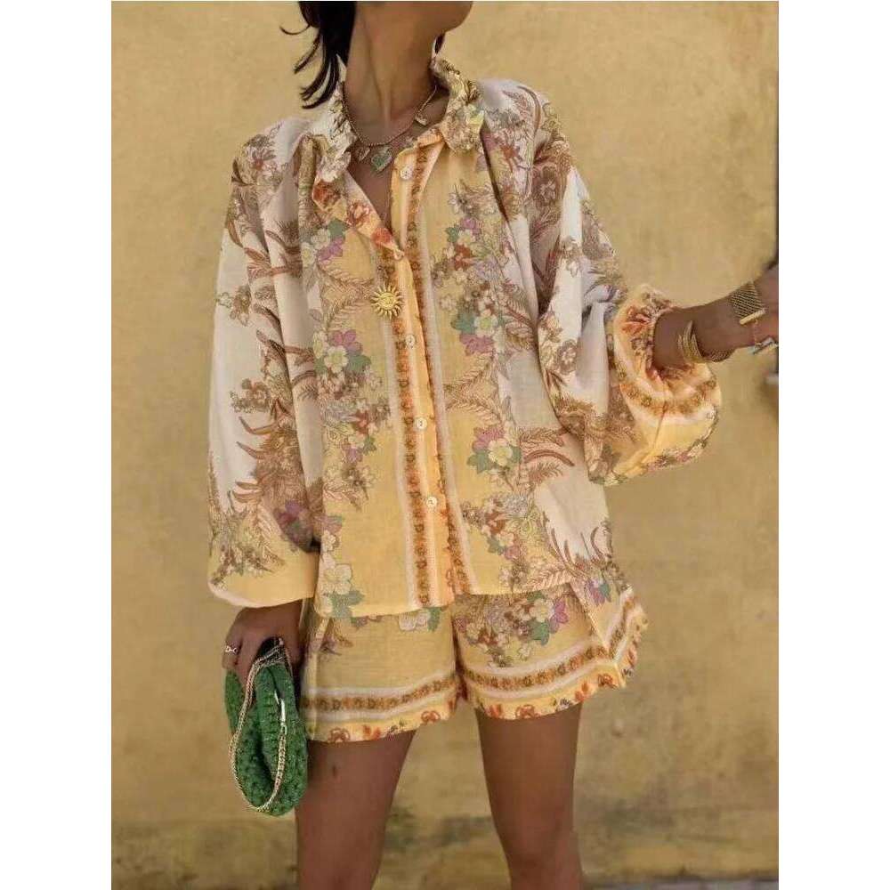 Vintage Printed Lantern Sleeve Button Shirt Set Casual Elastic Waist Wide Leg Short Pants Suit For Women 2025 Summer Street Wear