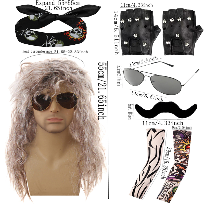 Punk Rock Heavy Metal Fashion Wigs Cool Glasses Bandanas Beards, Tattoo Sleeves, Long Curved Wigs for Holiday Shows Punk Gloves, Vintage Punk Themed E