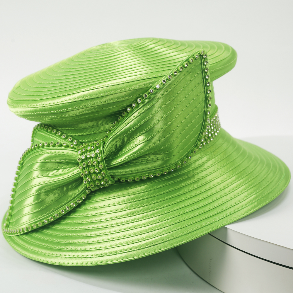 Elegant Lime Green Church Hat for Women - Wide Brim Satin Derby Hat with Crystal Trim for Wedding, Tea Party, and Sunday Service