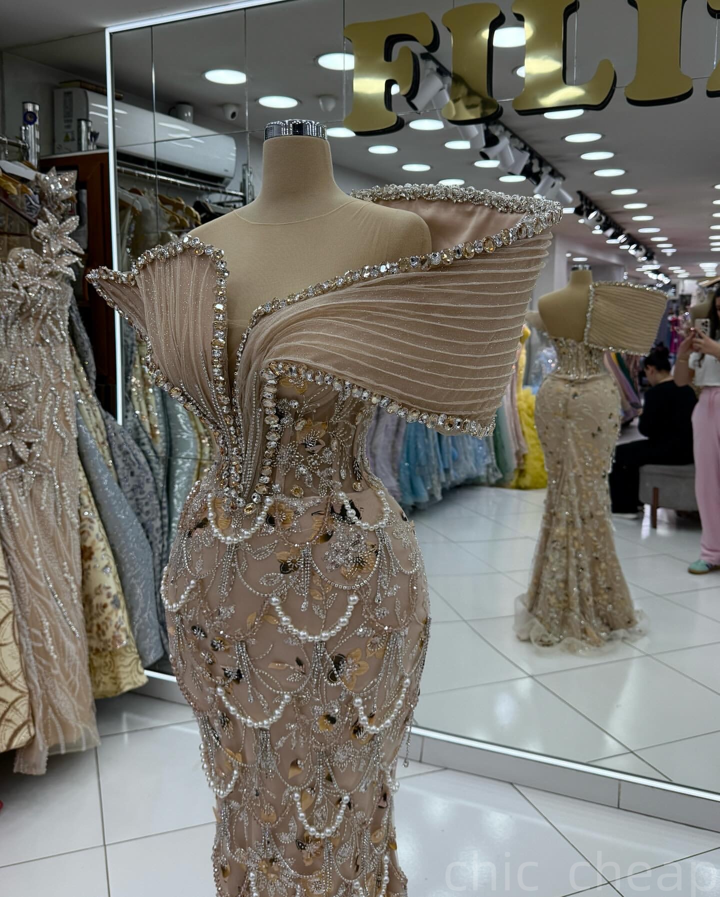 Champagne Mermaid Prom Dresses 2025 Pearls Rhinestones Floral Lace Evening Formal Party Second Birthday Engagement Gowns Plus Size Dress For Special O