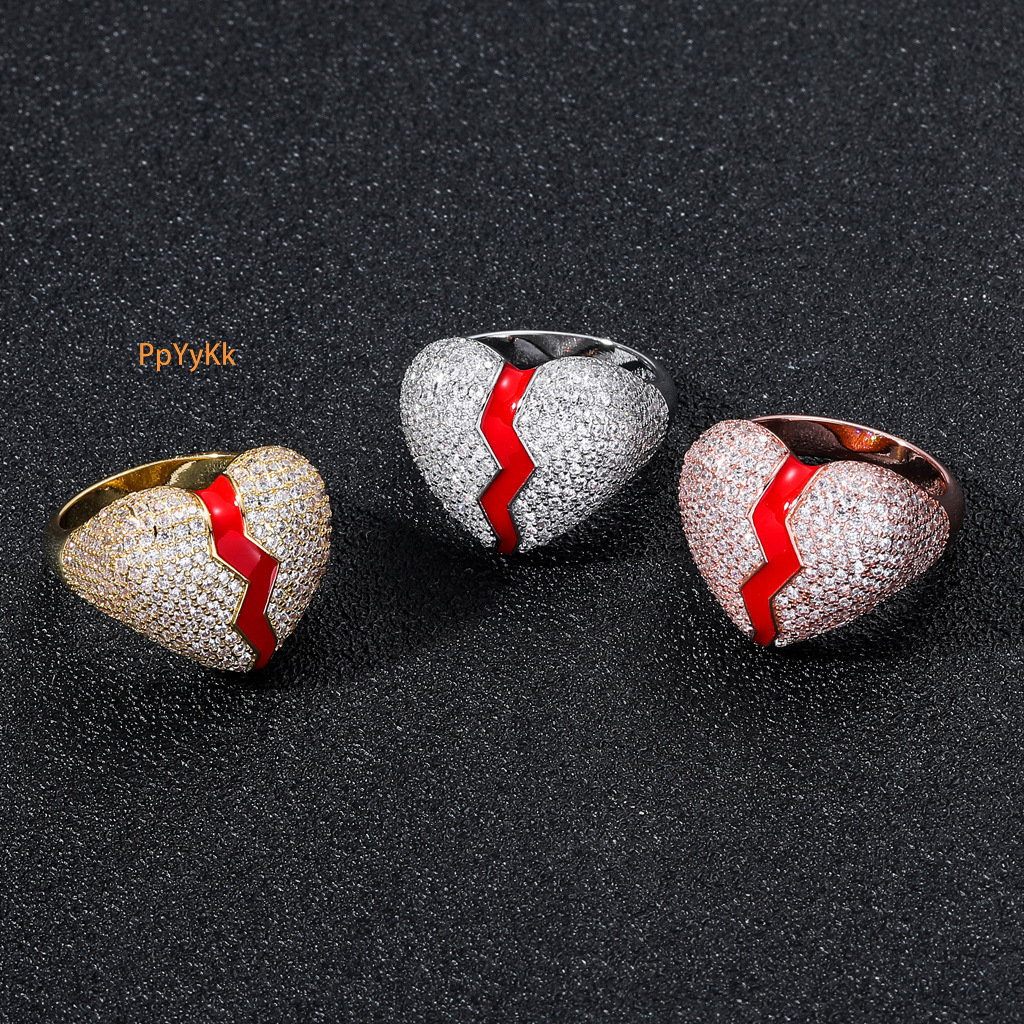 New Hip Hop Broken Heart Love Ring Diamond Studded Luxury Moissanite Unisex Trendy Individual Ring Pass the diamond tester