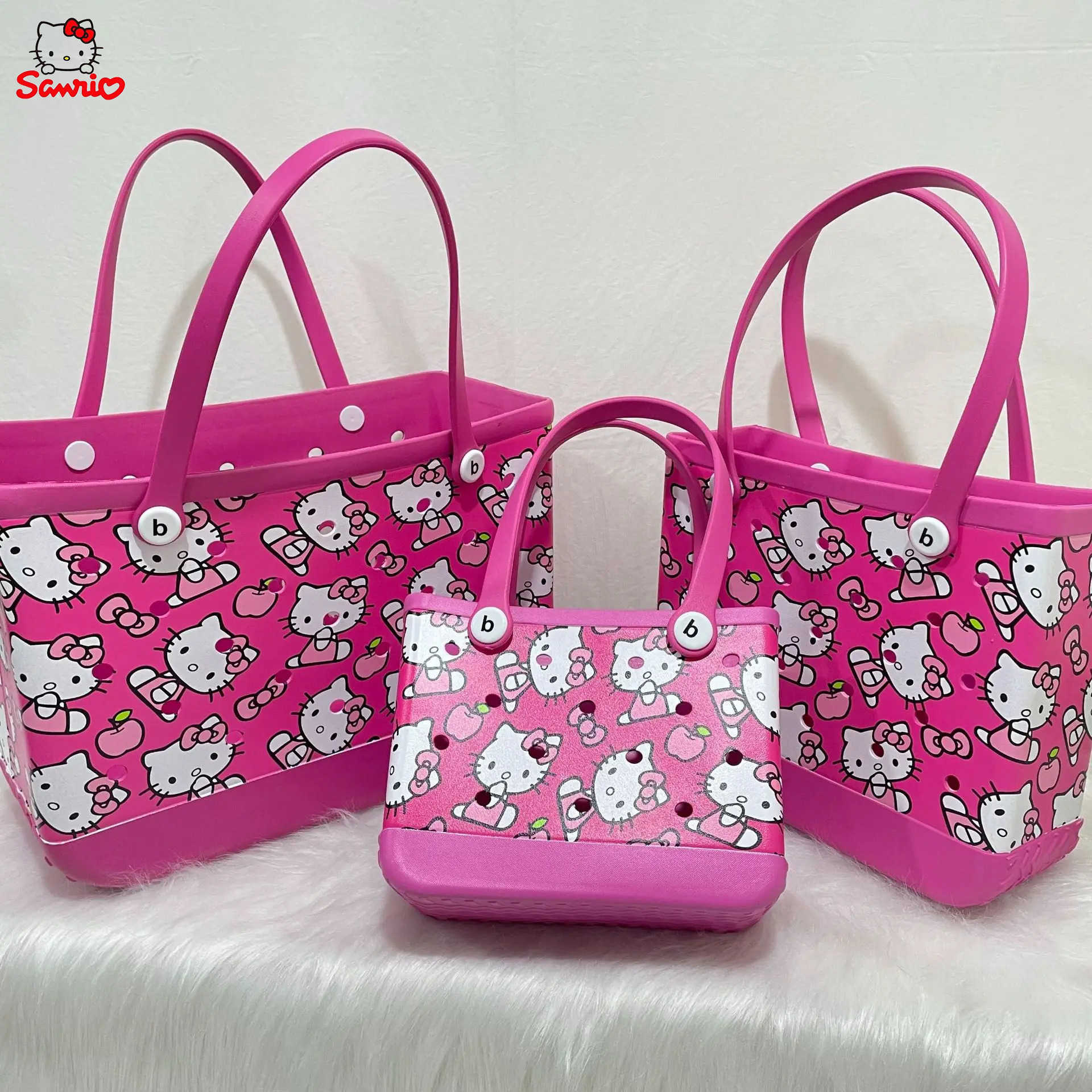 Sanrio Large Hello Kitty Eva Beach Tote Bag Fashion Storage Baskets Summer Rubber Tote Solid Color Jelly Beach Bags Sundries Organizer w250624