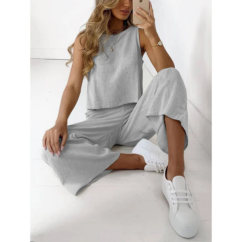 Casual Womens Clothing Suit O Neck Two Pieces Set Loose Sleeveless Solid Color Wide Leg Simple Comfortable for Famale Outdoor 250614
