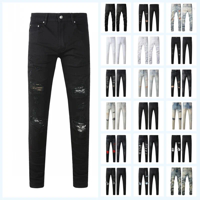 Men's Jeans Mens Designer Skinny Fit Patch Vintage Holes Patches Distress Ripped Destroyed Stretch Biker Denim Black Slim Hip Hop Pants High
