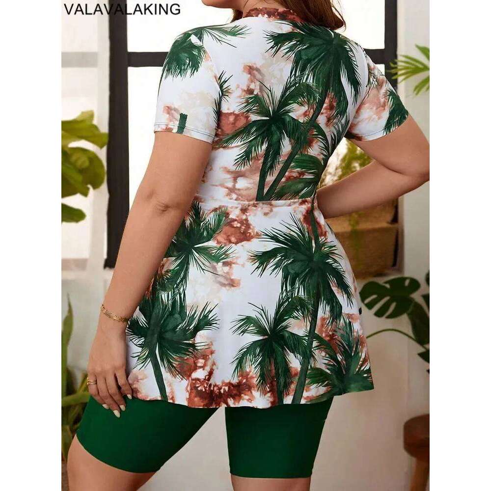 2024 Print 2 Piece Plus Size Tankini Women High Waist Large Big Swimsuit Short Sleeve Lady Swimwear Chubby Curvy Bathing Suit
