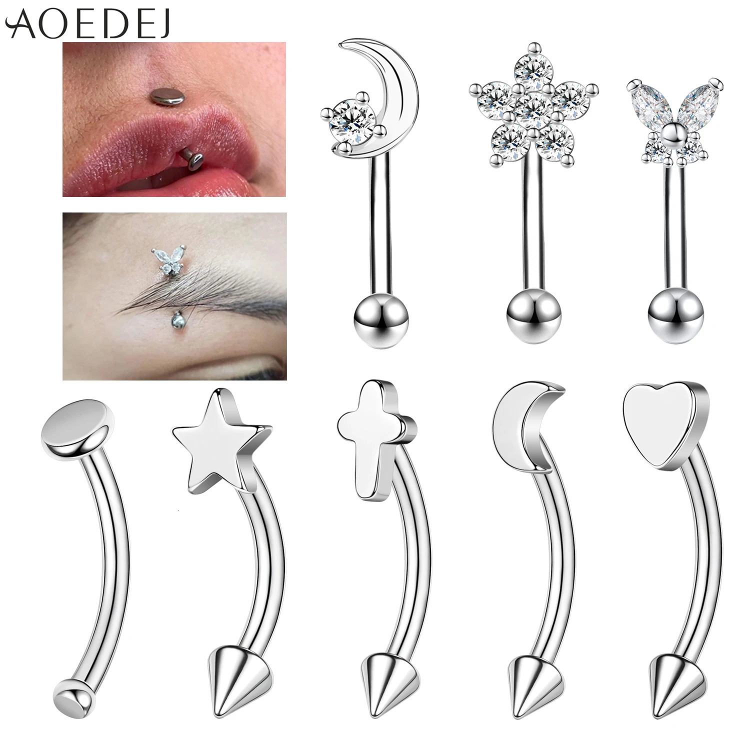 AOEDEJ 1 Piece Stainless Steel 16G Eyebrow Stud 810MM Piercing Star Moon Butterfly Shape Labret Lip Piercings Jewelry 250613