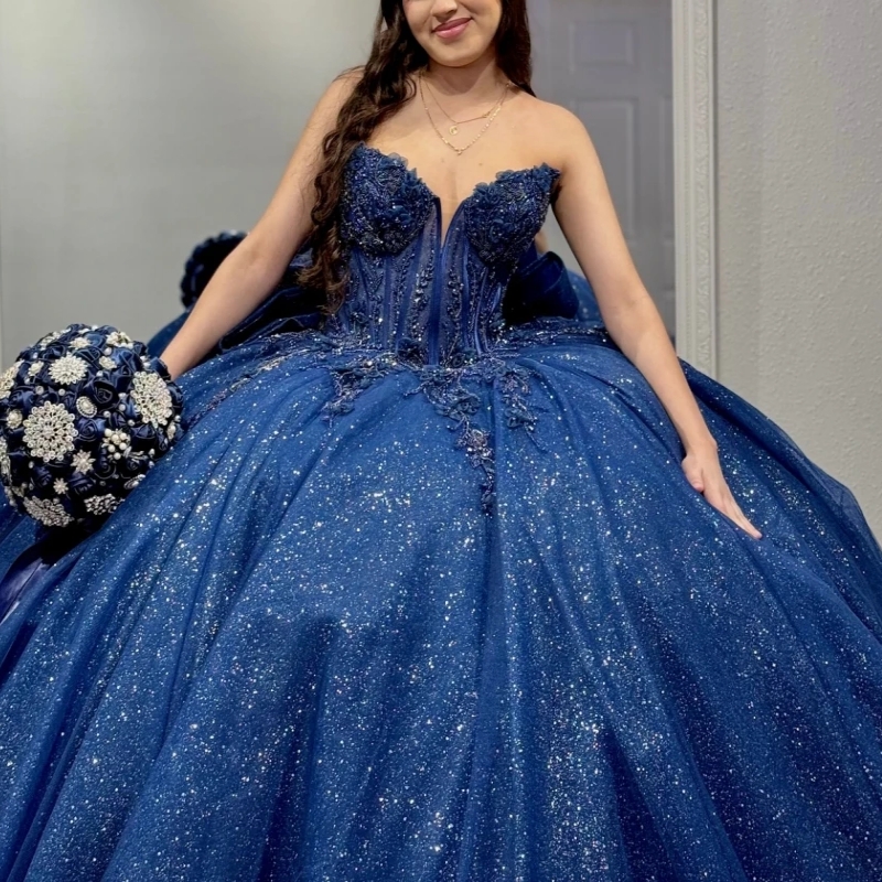 Navy Blue Shiny Quinceanera Dresses Ball Gown Applique Lace Beading Tull Bow Corset Sweet 16 Dress Vestidos De 15 Anos