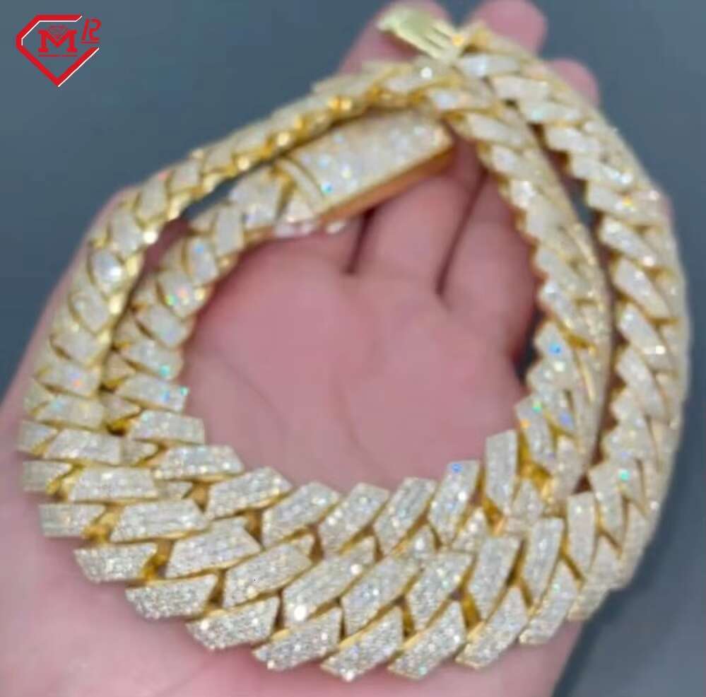 16MM Moissanite Cuban Chain Hiphop Miami Ice Out 925 Sterling Silver Yellow Gold Plated Cuban Link Chain