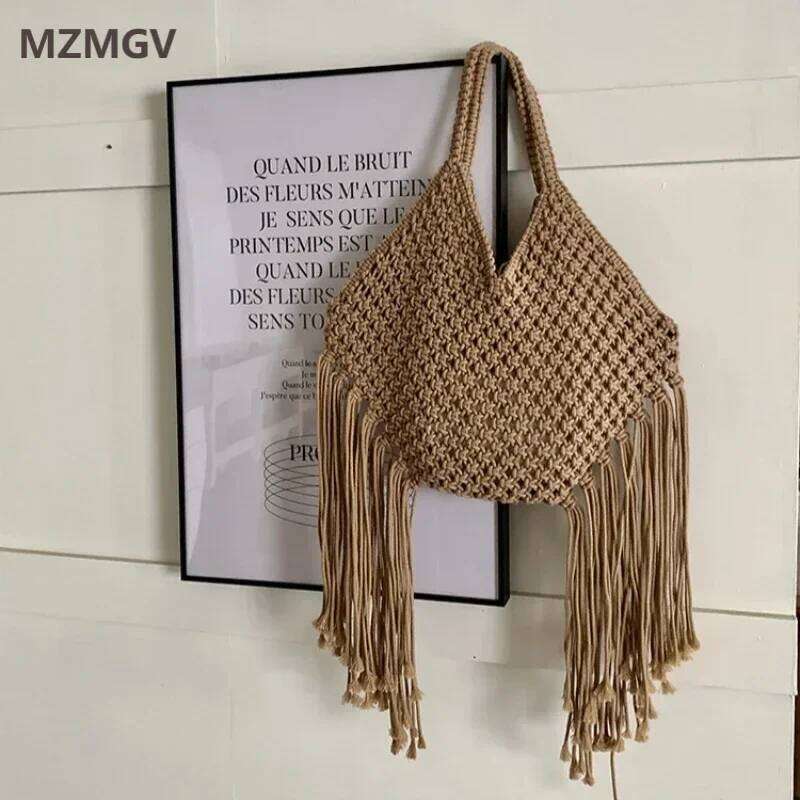 Bohemian Women's Large Capacity Tassel Shoulder Bag Handmade Cotton Woven Knitted Seaside Vacation Beach Tote Summer New Arrival