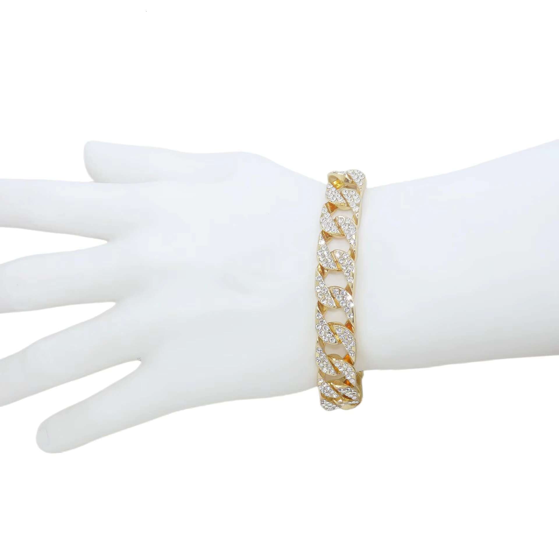 Full Diamond Hip Hop Style Cuban Chain Necklace Bracelet for Men Women Gold Plated Alloy Trendy Fashions Suit for Personalities