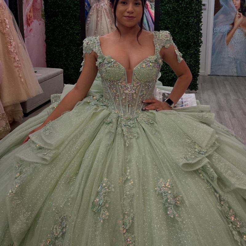 Sage Green Shiny Quinceanera Dresses Ball Gown Off The Shoulder Applique Flower Beading Crystal Tull Corset Sweet 16 Dress Vestidos 15 Anos