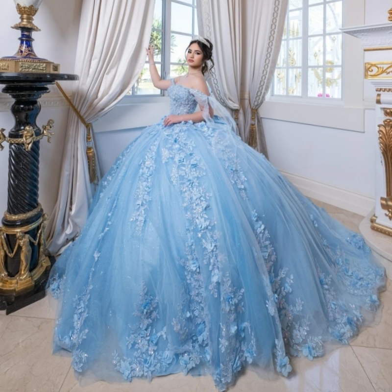 Glitter Sky Blue Quinceanera Dresses Ball Gown Floral Applique Beading Bow Sweet 16 Dress Vestidos De 15 Anos