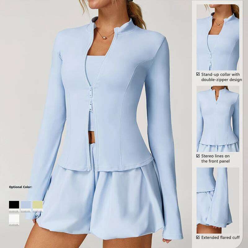 Hearuisavy Women's Sun Protection Yoga Jackets Stand Collar Double-Zippered Flared Cuff Design Fiess Running Workout Sport Top
