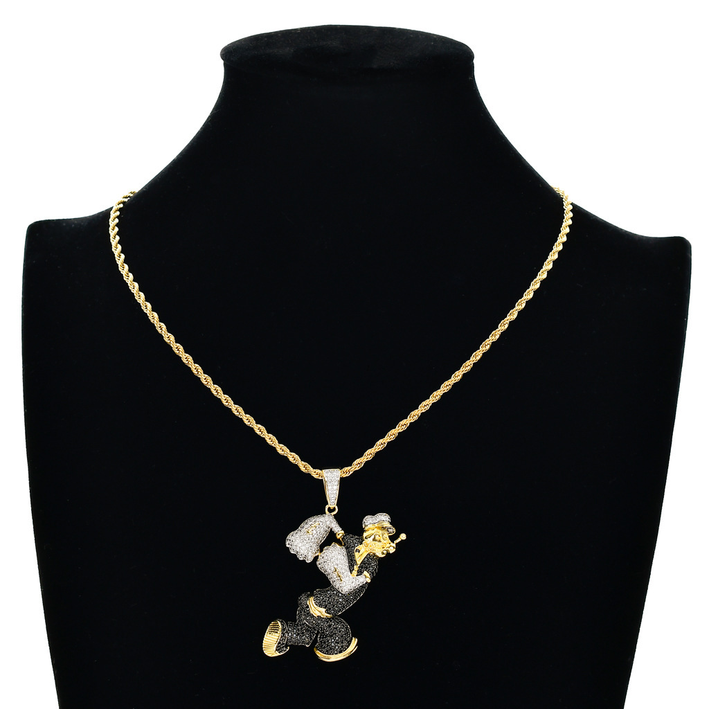 Men Necklace Popeye Pendant Iced Out Real Gold Plated Hip Hop Necklace Rap Moissanite Accessory Pass the diamond tester