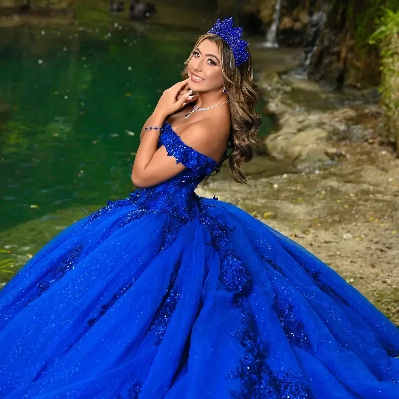Royal Blue Shiny Quinceanera Dresses Applique Lace Beads Off Shoulder Tull Sweet 16 Dress Vestidos 15 De Anos