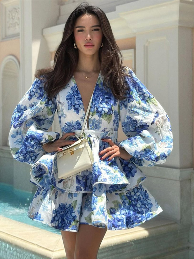 French Elegance V-Neck Printed Short Dress with Lantern Sleeves and Tiered Skirt