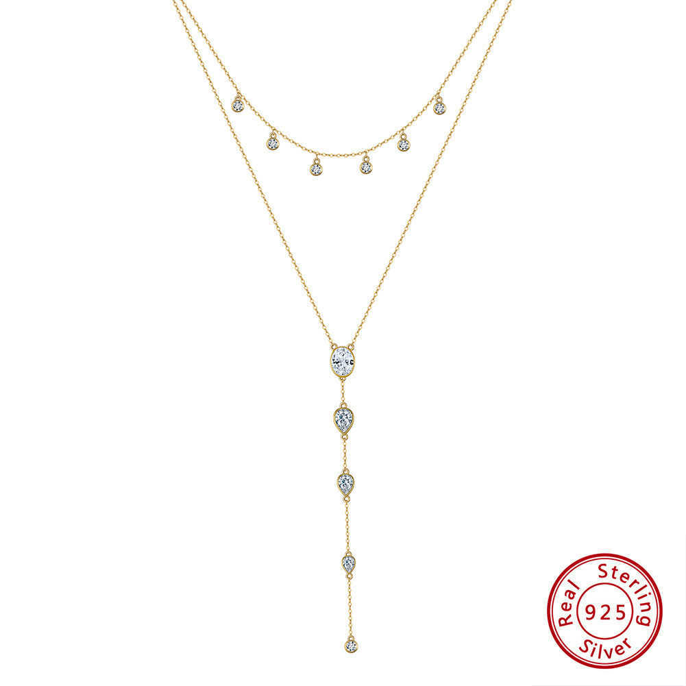 100% 925 Sterling Silver Y Shape Double Link Chain Necklace Clear Cz Paved Gold Color Delicate Dainty Fashion Layered Necklace X250516