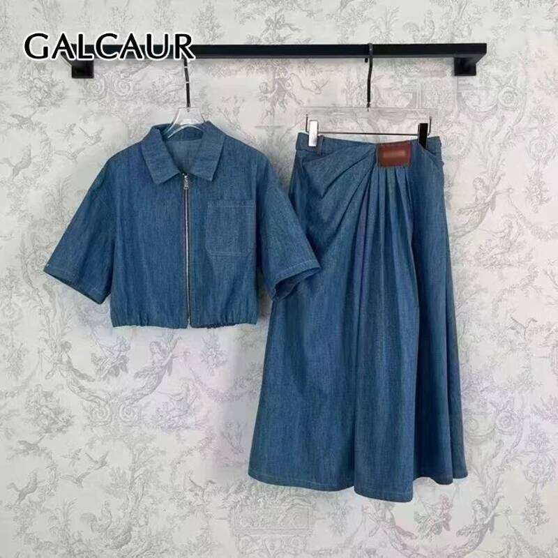 GALCAUR Cowboy Two Piece Sets For Women Lapel Short Sleeves Spliced Zipper Top High Waist Patchwork Folds Skirt Set Female Style