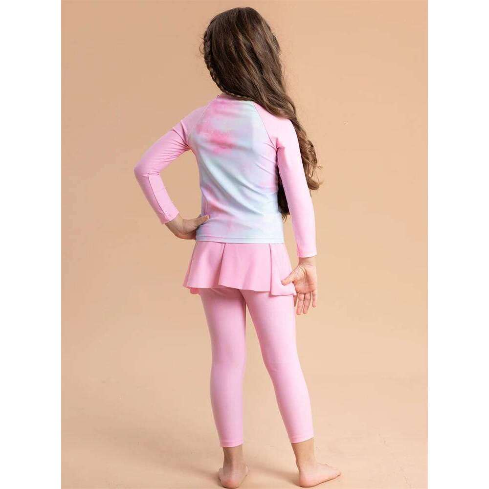 Two Piece Girls Kids Swimsuit 2025 New Pink Tie Dye Long Sleeves Children Swimwear Trousers Short Skirt Beach Wear Bathing Suit