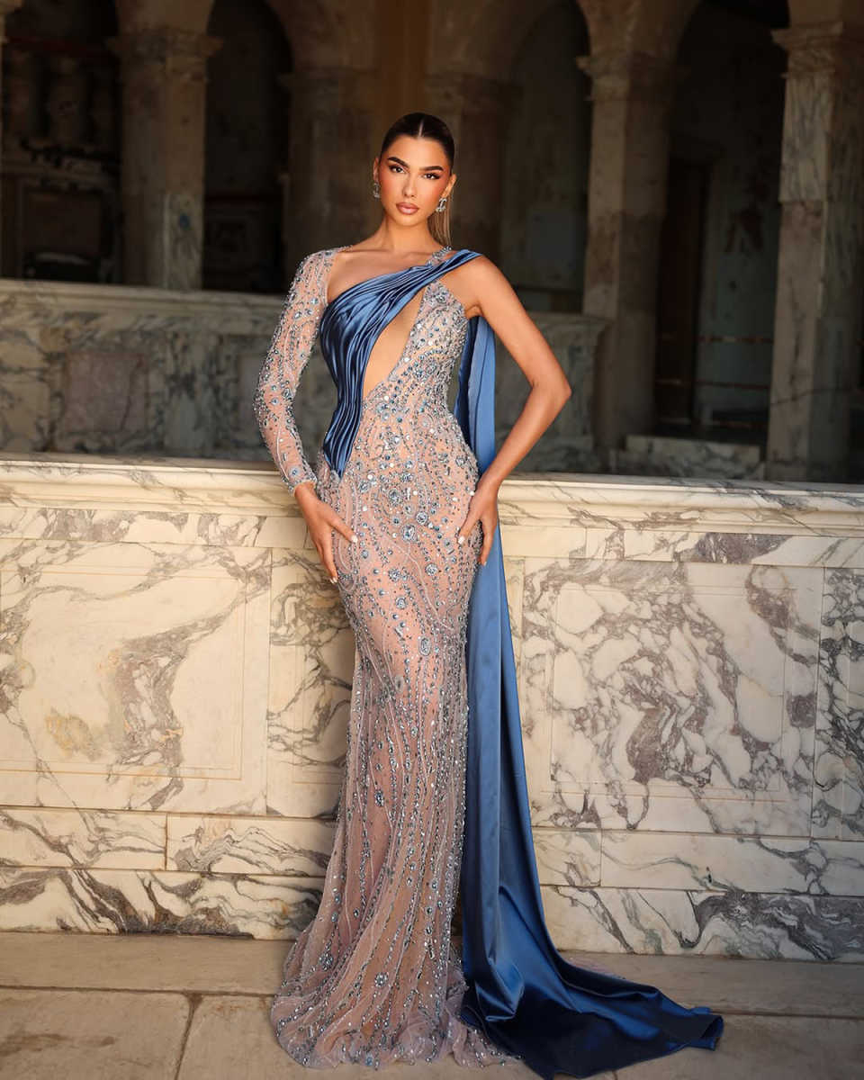 Luxury Crystals Evening Dresses Elegant One Shoulder Beaded Mermaid Prom Dress Floor Length Party Celebrity Gowns