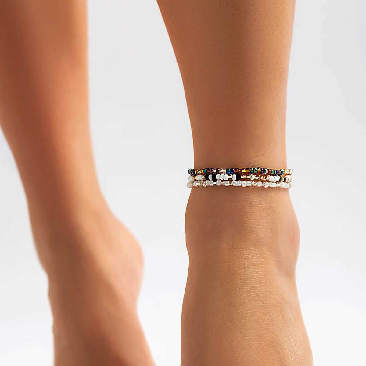IngeSight.Z Bohemian 3pcs/set Multicolor Beaded Anklets Women Handmade Elastic Bracelet On The Leg Foot Summer Beach Jewelry U250624
