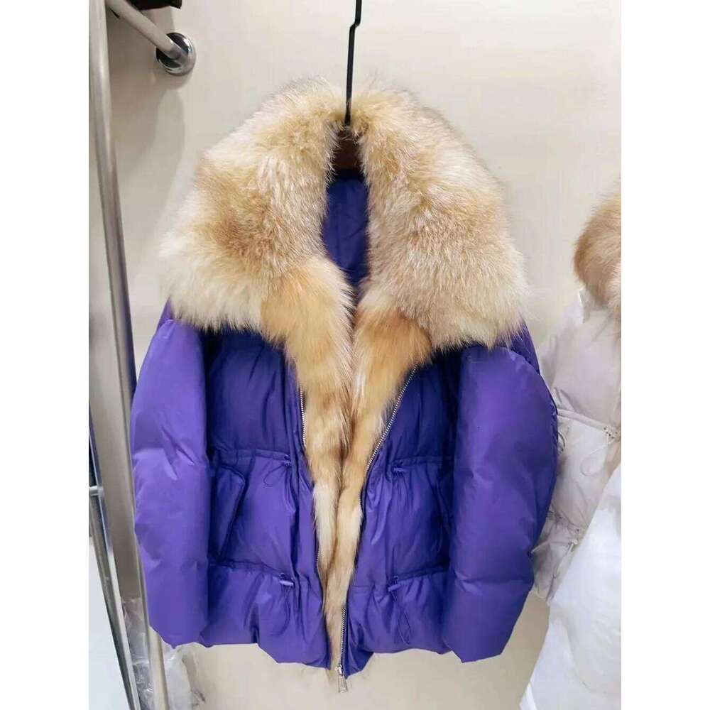 New Fashion Outerwear Streetwear Real Fox Fur Big Collar Winter Jacket Women Natural Thick Warm Duck Down Coat Loose