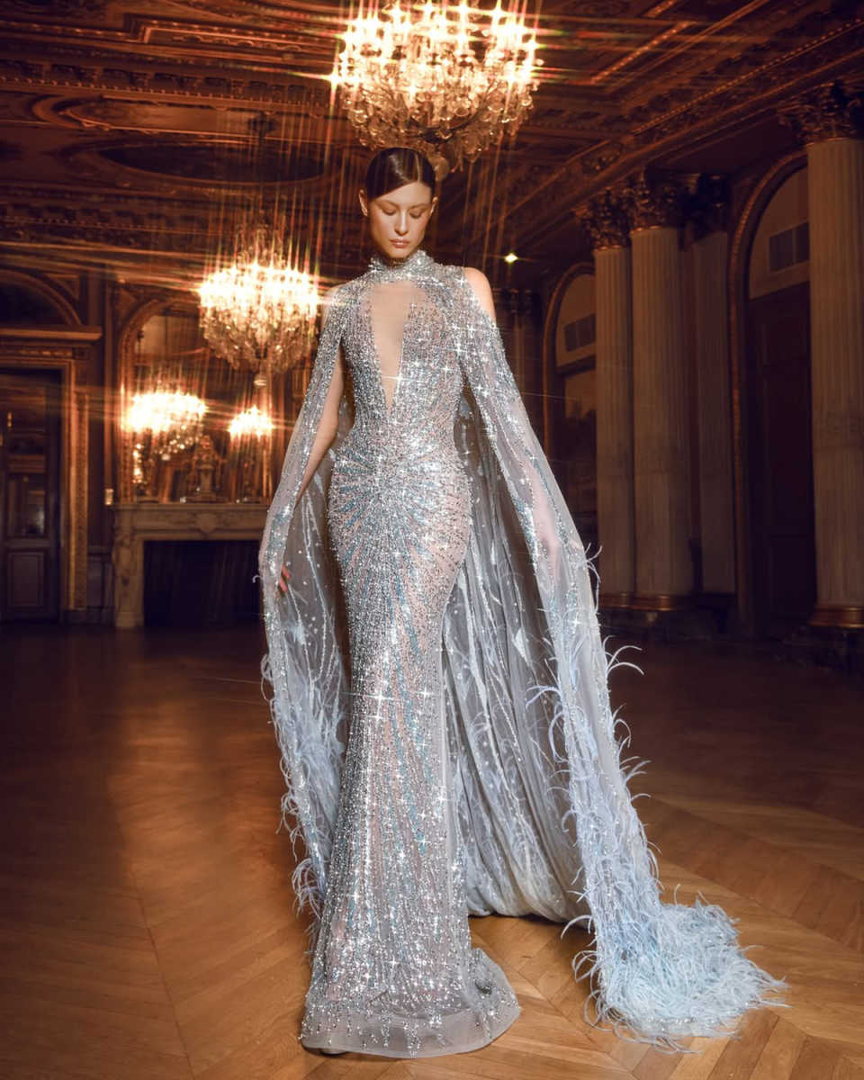 Pretty Evening Dresses Sequins Feather Gown High Neck Sleeveless Wrap Sweep Train Dress Party Customized Dress